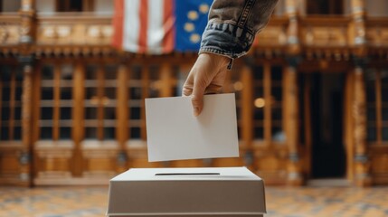 Hand placing ballot into box with EU flag in background, symbolizing democratic voting in EU
