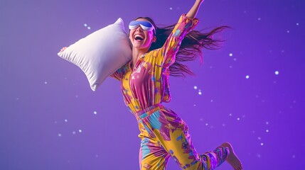 2408 81.A fun and lively scene of a young woman wearing colorful pyjamas and a sleep eye mask, mid-jump with a big smile on her face. She holds a soft pillow behind her neck, her eyes closed in pure