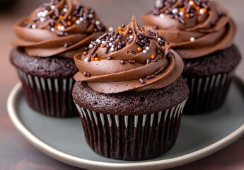 Delicious chocolate cupcakes with creamy frosting and sprinkles