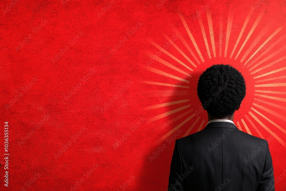 Sticker businessman standing in front of red abstract background