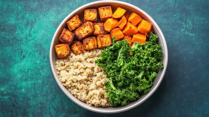 A colorful bowl featuring roasted sweet potatoes, kale, and quinoa, ideal for healthy eating and plant-based diets.