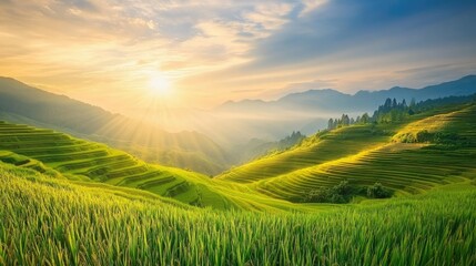 Obraz premium High panoramic view of beautiful green rice paddy fields in Asia