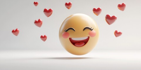 Fototapeta premium A three-dimensional emoji of a smiling face with hearts, floating joyfully around the face, radiating love and happiness, isolated on a clean white background.