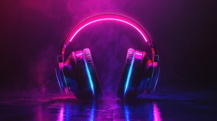 Neon glowing headphones on a dark background with electro house music vibes, AI generated image