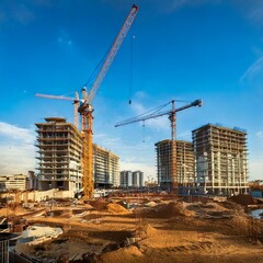 Cranes towering over a construction site with unfinished building structures