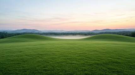 Fototapeta premium Scenic countryside landscape with rolling hills and misty mountains
