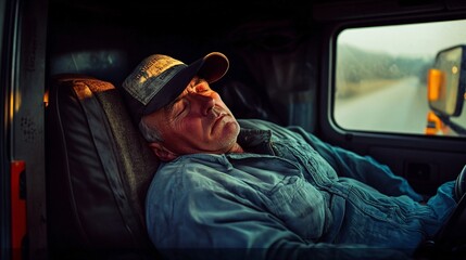 Fototapeta premium 2408 95.A truck driver napping in the small cabin of his truck, his body curled up on the narrow bed behind the driverâ€™s seat. The confined space and the driverâ€™s peaceful expression highlight the