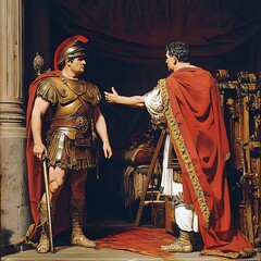 Obraz premium Roman Soldier and Citizen in a Dramatic Encounter.