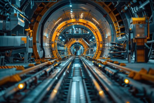 Fototapeta Futuristic industrial tunnel with glowing lights and tracks.