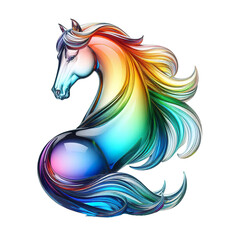 A glass sculpture of a beautiful Horse, gradient of rainbow colors isolated on white background PNG