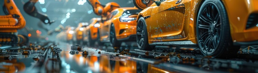 Obraz premium Automotive assembly line with orange cars and robotic arms working efficiently.