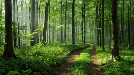 Obraz premium Sunbeams Through the Trees in a Tranquil Forest