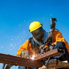 Fototapeta premium A construction crew welding steel beams against a clear blue sky.