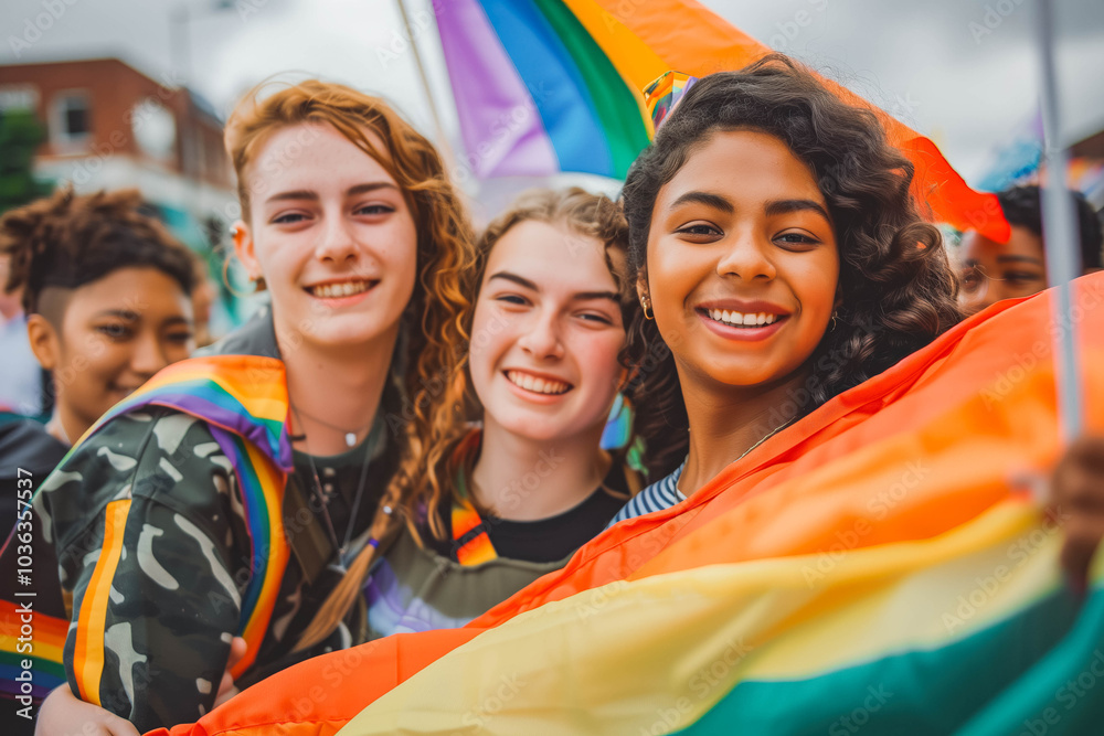 Wall mural diverse young group of friends with rainbow flags and banners during gay pride event, celebrating ga