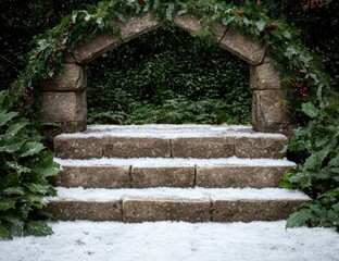 Snowy stone steps with holly arch