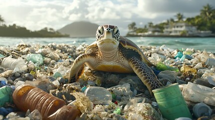 Fototapeta premium The impact of ocean pollution a sea turtle navigates through a sea of plastic waste highlighting environmental concerns
