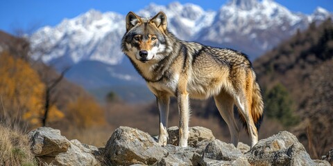 Obraz premium Majestic Wolf in Mountain Landscape with Snow-Capped Peaks, Standing on Rocks, Captures Wild Beauty and Natural Habitat, Autumn Wilderness Scenery