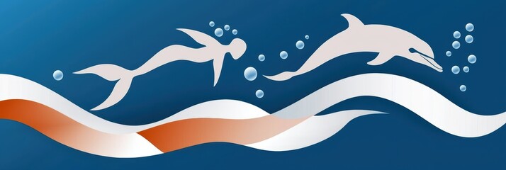 underwater scene with dolphins and mermaids