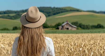 Obraz premium woman in straw hat standing in wheat field with barn in background
