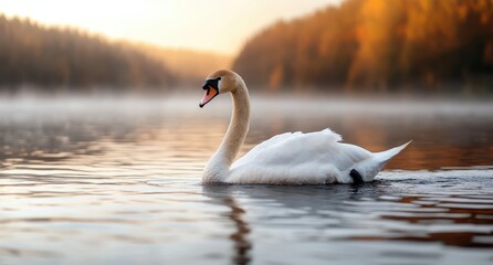 Fototapeta premium Serene swan on tranquil lake at sunset
