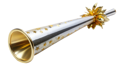 Gold and silver party horn for celebrations, transparent or white isolated background.