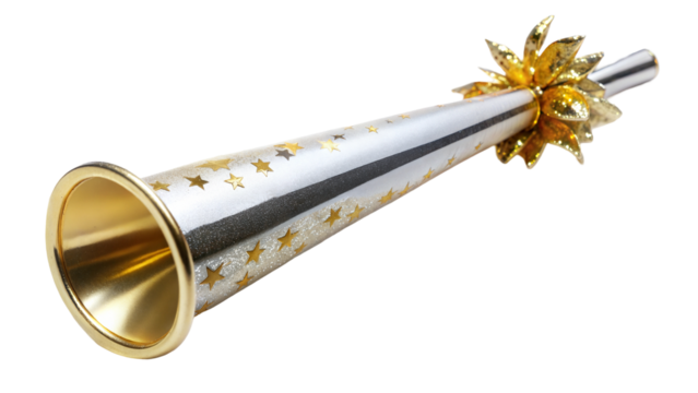 Gold and silver party horn for celebrations, transparent or white isolated background.