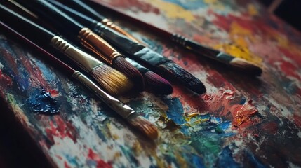Obraz premium A close-up of paintbrushes resting on a colorful, textured palette.