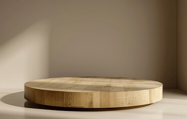 Minimalist Wooden Podium on Beige Background