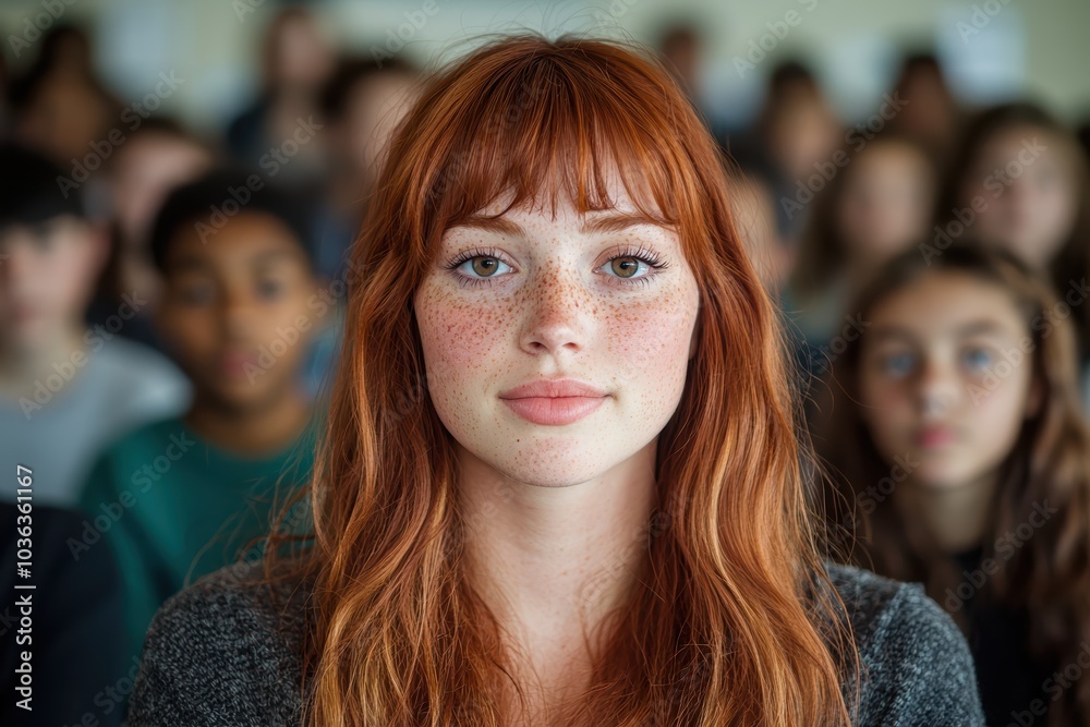 Wall mural Captivating redhead with freckles and striking blue eyes