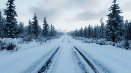 Obraz premium Winding Snow Covered Country Road Through Lush Forested Landscape on an Overcast Winter Day
