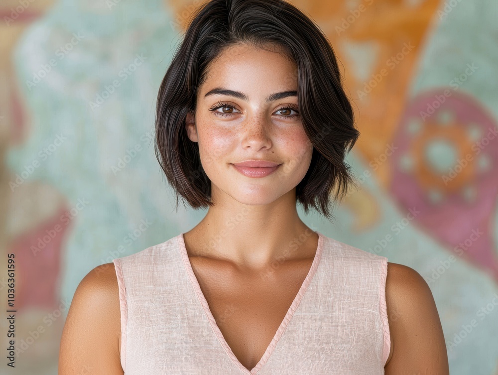 Sticker young woman with natural makeup and short dark hair