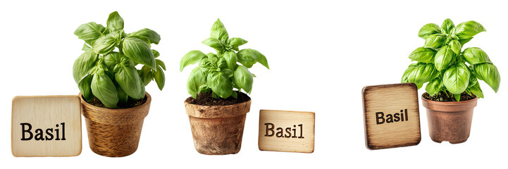 A decorative wooden garden marker with the word "Basil" written on it, placed next to a small potted basil plant, isolated on a transparent background