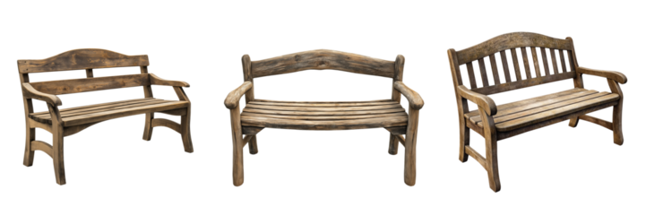 A rustic wooden garden bench with a curved backrest, isolated on a transparent background