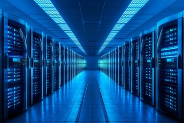 Futuristic Data Center with Glowing Server Racks