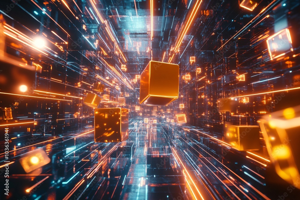 Fototapete glowing cubes in blockchain network visualization