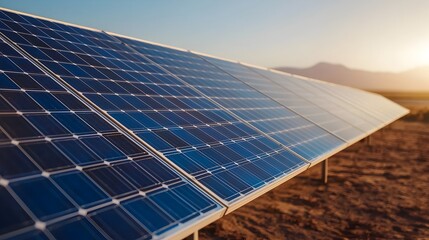 Obraz premium Expansive Solar Panels in Arid Desert Landscape Reflecting Bright Sunlight and Clean Renewable Energy