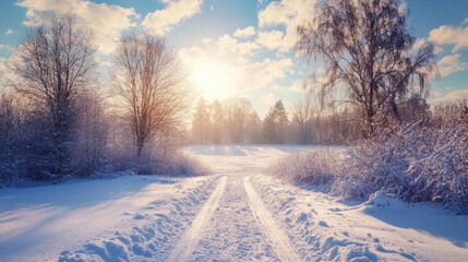 Obraz premium A serene winter landscape with snow-covered paths and trees under a bright sky.