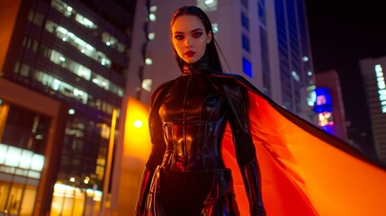 Obraz premium Urban Superheroine: Dynamic Halloween Costume and Makeup in Vibrant City Setting