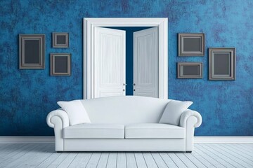 A white sofa sits in a room with a blue wall, a white door, and empty picture frames.