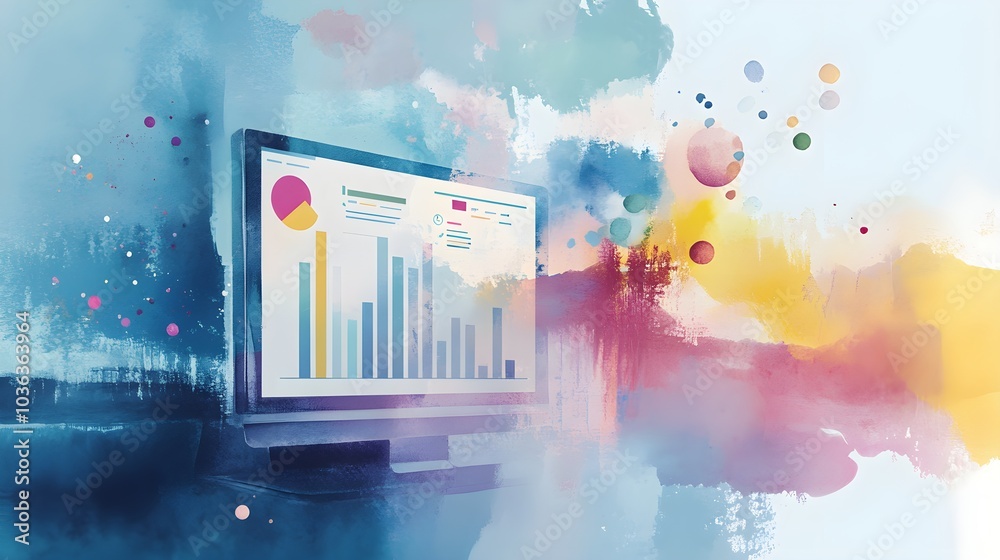 Poster abstract watercolor background with data visualization and computer screen