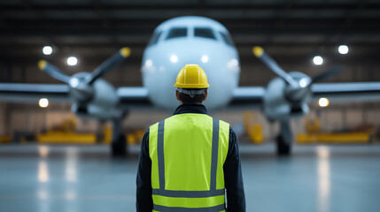 An aviation worker in a yellow safety vest and helmet overlooks an aircraft in a hangar, showcasing dedication to aerospace maintenance and safety.