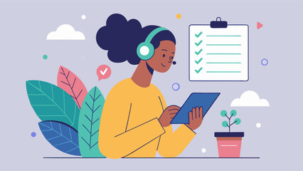 Fototapeta premium Someone creating a list of podcasts that discuss body positivity and body neutrality and regularly listening to them on their daily commute.. Vector illustration