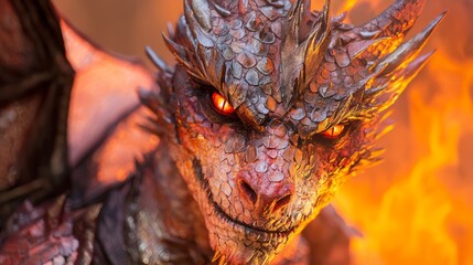 Fiery Dragon Fantasy: Ultra-Detailed Halloween Costume and Makeup in a Smoky Landscape