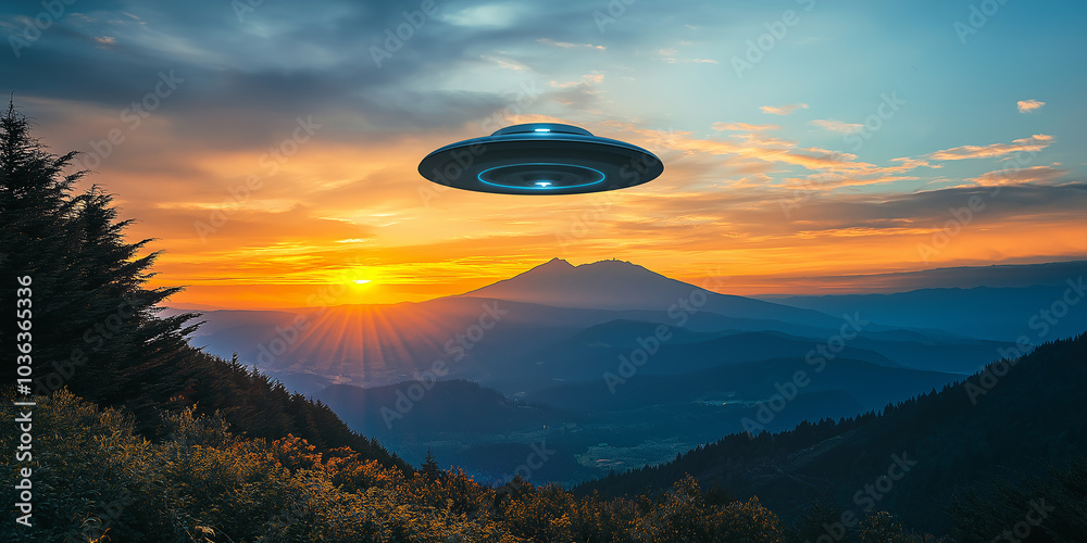 Poster unidentified flying object hovering over mountain range at sunset
