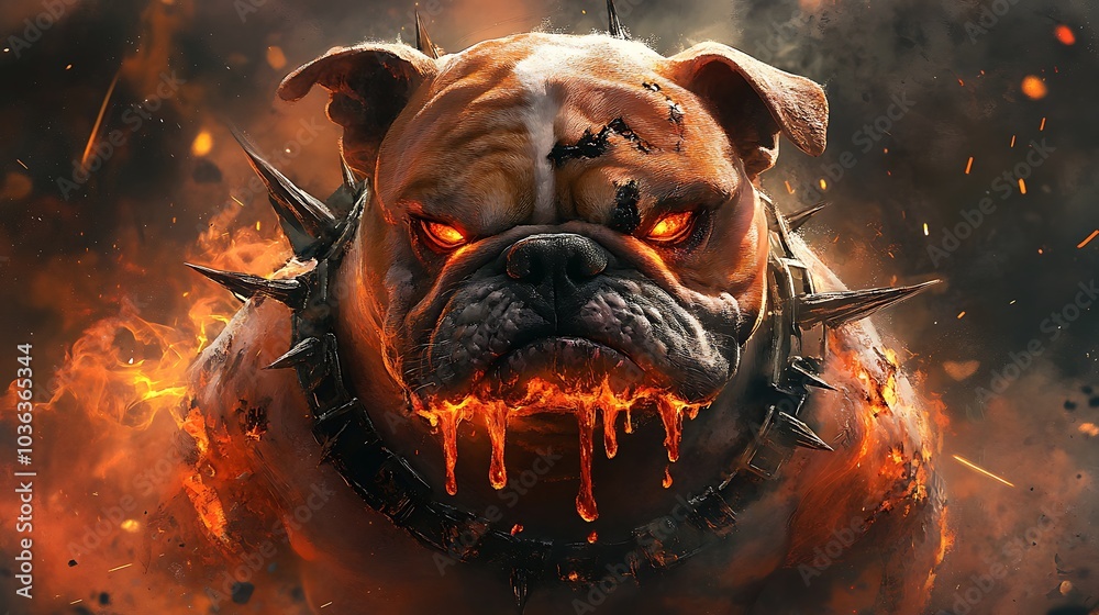 Poster Fiery Bulldog with Spiked Collar.