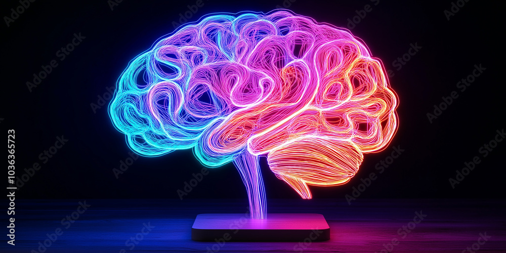 Poster neon brain glowing showing artificial intelligence and creativity