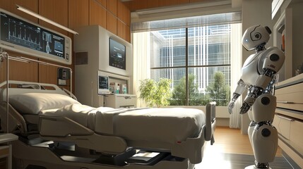 Fototapeta premium Futuristic AI robots enhancing patient treatment in medical facilities