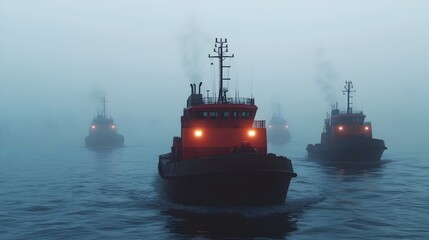 Misty Industrial Harbor with Tugboats Guiding Container Ship in Calm Waters