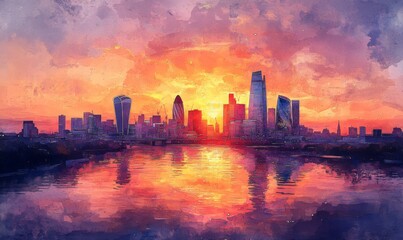 Fototapeta premium Watercolor Aerial sunset view of the skyline of London with skyscrapers at Canary Wharf and the City in the background, England Photo Formats