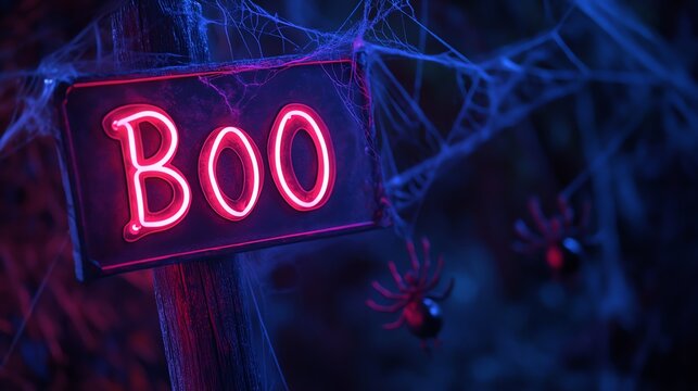 Glowing 'Boo' sign surrounded by spider webs, setting a spooky Halloween atmosphere with vibrant neon lighting and eerie decor.